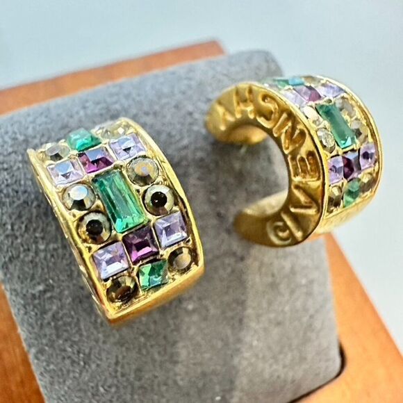 GIVENCHY Crystal Rhinestone Multi color Half Hoop Gold tone Earrings - Picture 2 of 7